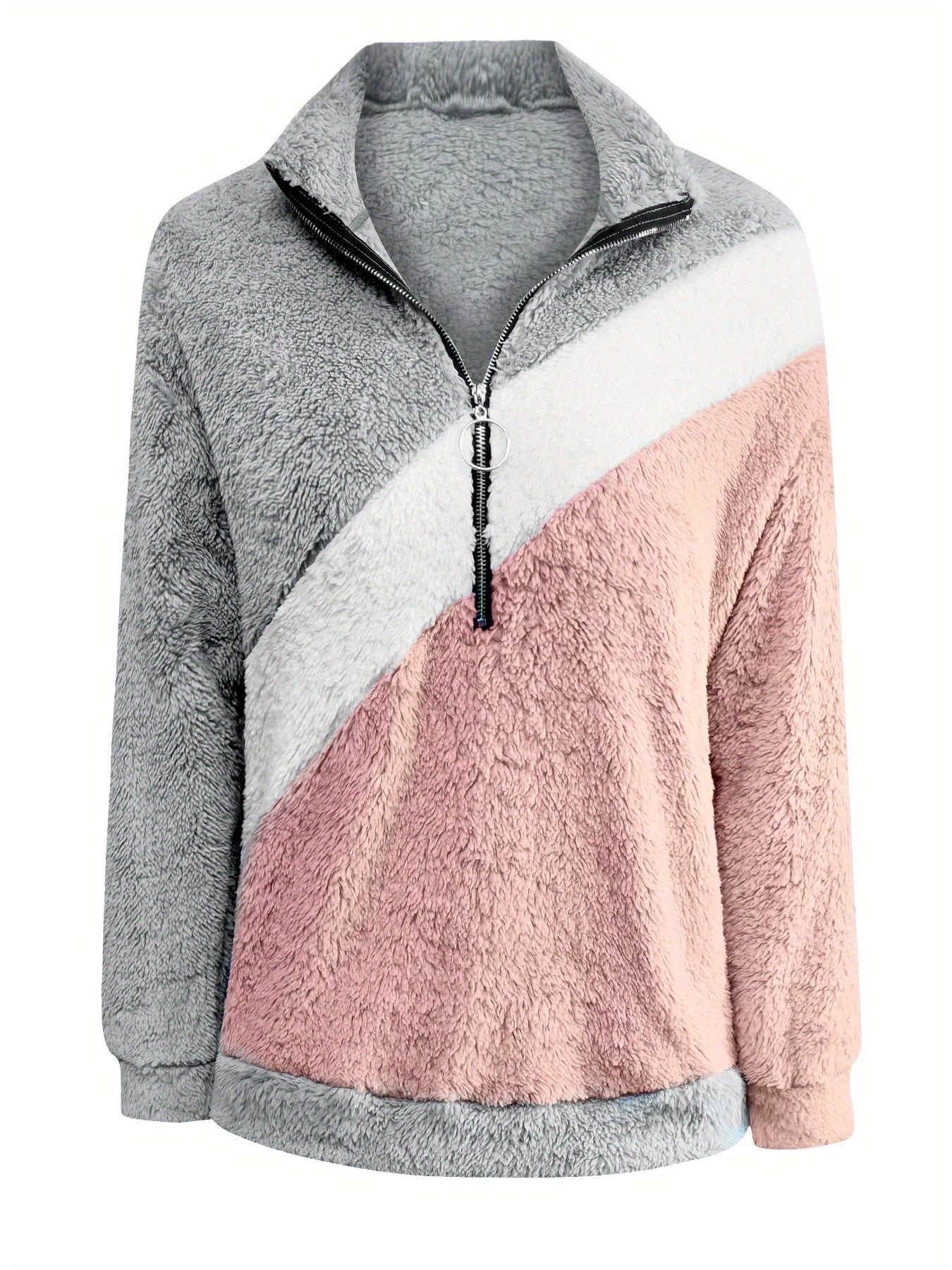 Women's Winter Sweater - Pastel pink & white color block, Zip-Up Hoodie with Collar, Stretchy Arctic Fabric (Machine Washable) for Cold Weather - Casual Outerwear Lounge Top