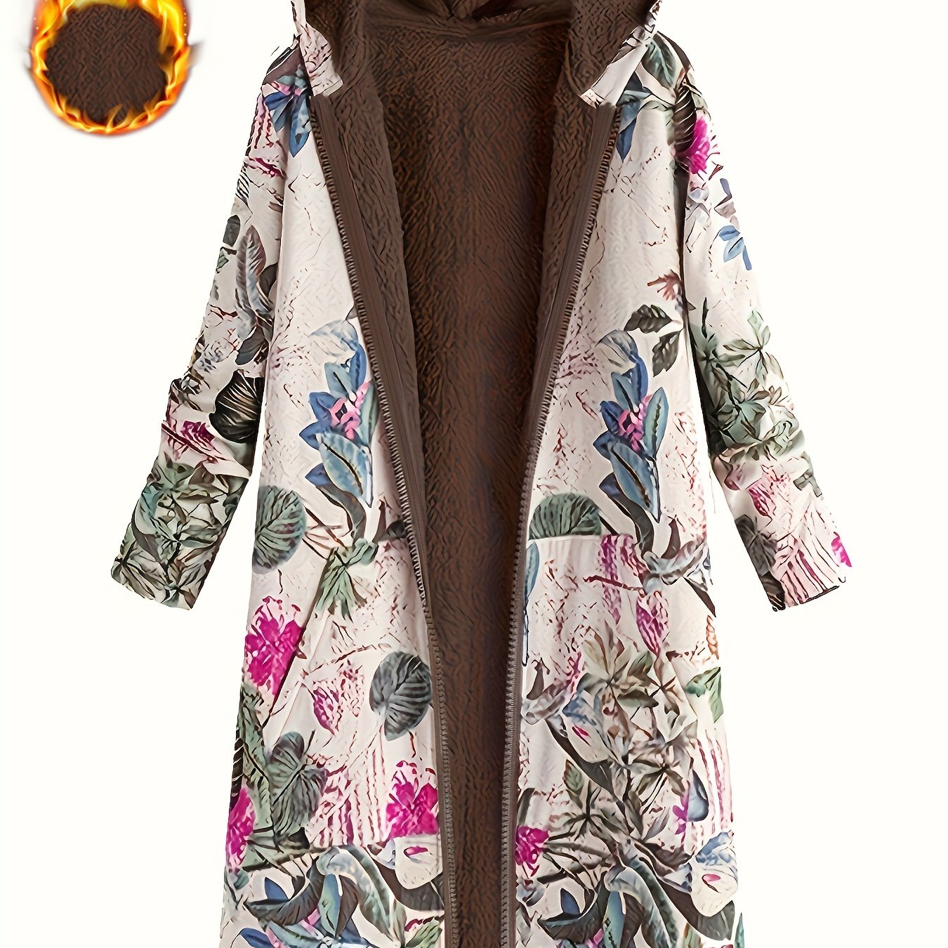 Elegant Women's Floral Print Hooded Jacket - Vintage-Inspired, Long Sleeve, Zip-Up Outerwear with Pockets, 100% Polyester, Machine Washable - Chic Brown & White Design for Fall & Winter