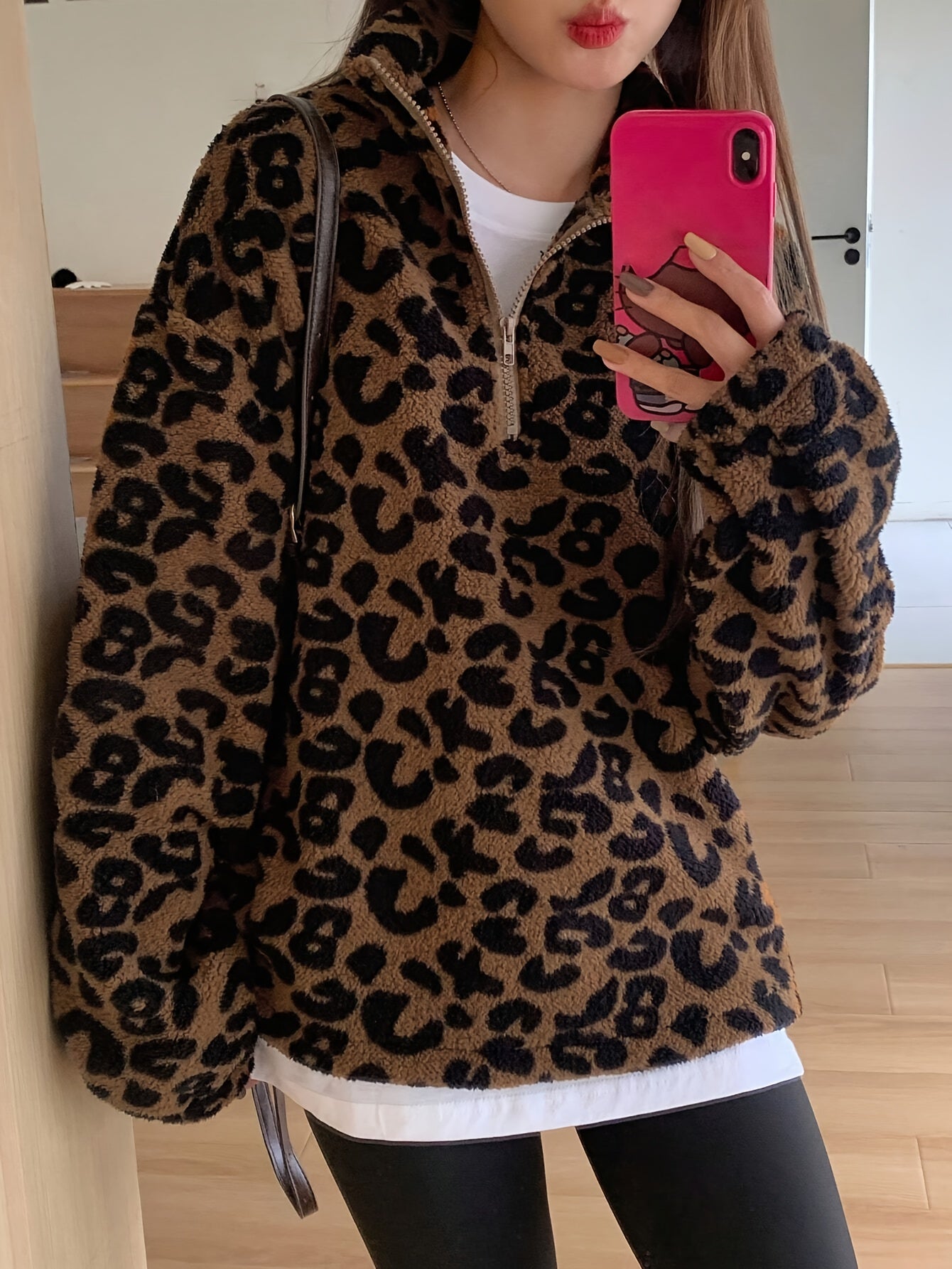 Women's Elegant Leopard Print Plush Hoodie - Cozy Fleece-Lined Winter Sweatshirt with Zipper Front, Machine Washable, Black & Brown Spots on White for Casual Outings, Cute Hoodies