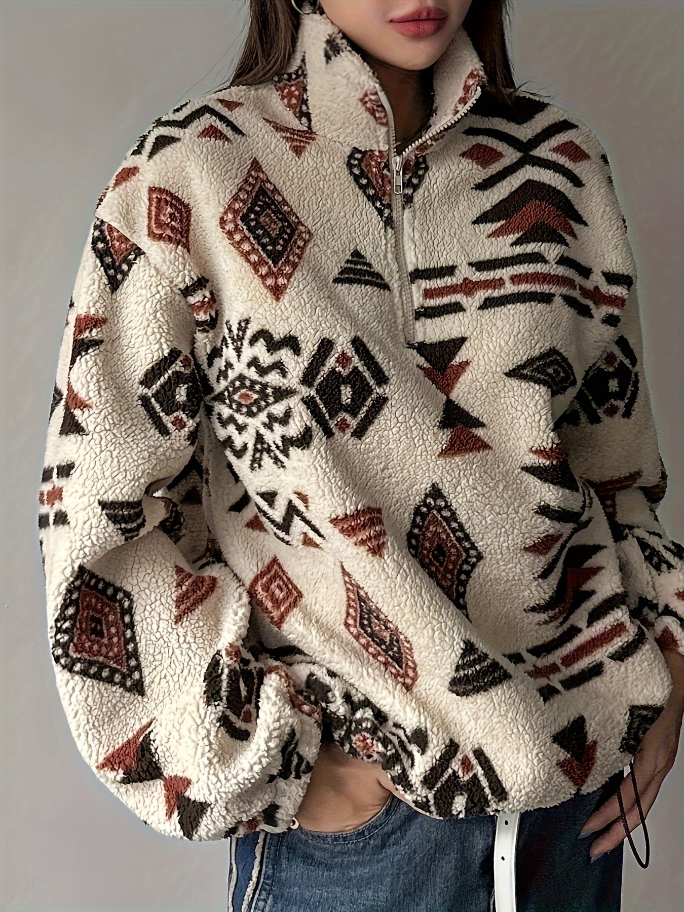 Aztec Pattern Half Zipper Teddy Sweatshirt, Casual Long Sleeve Fuzzy Warm Pullover Sweatshirt For Fall & Winter, Women's Clothing
