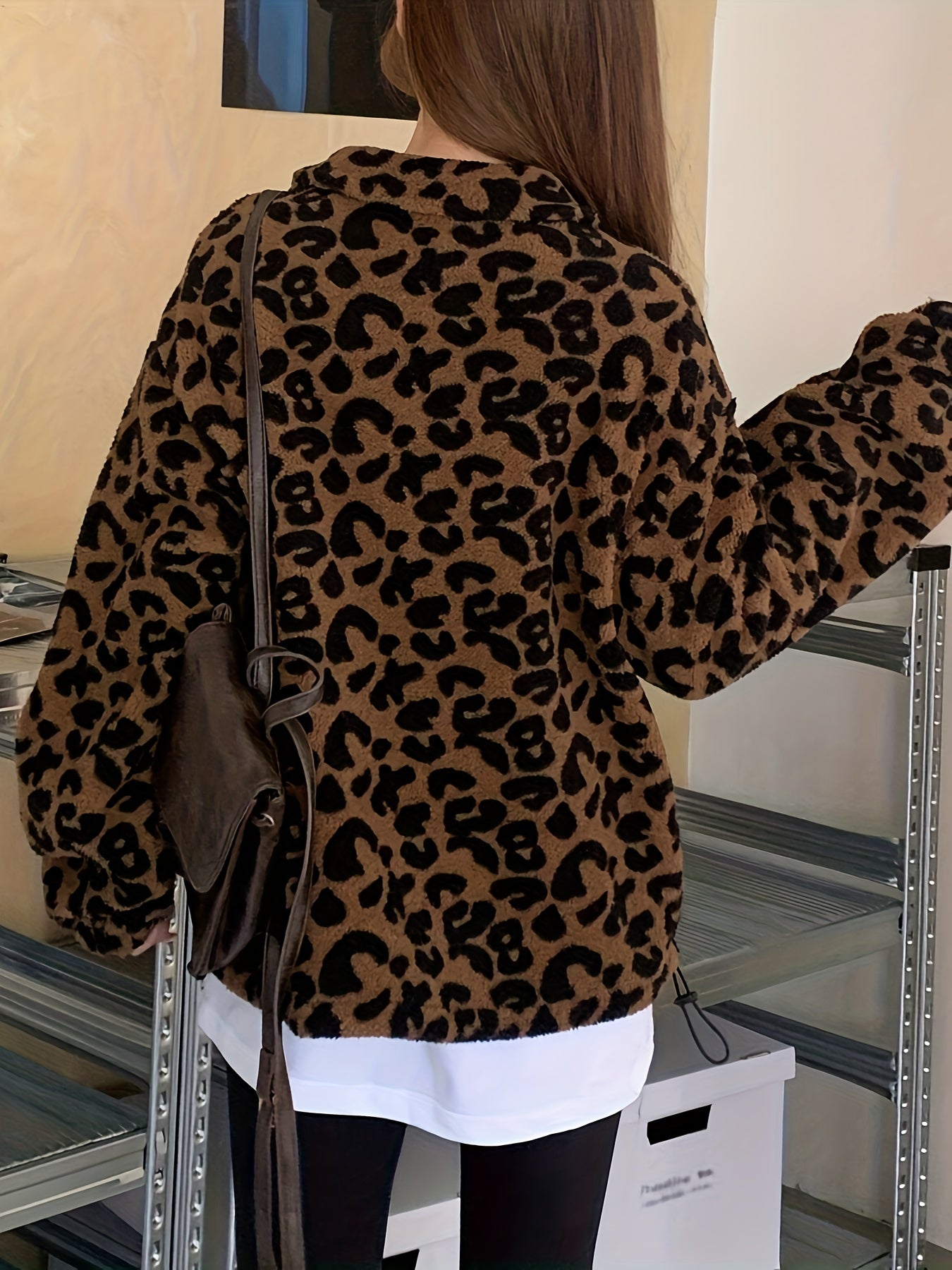 Women's Elegant Leopard Print Plush Hoodie - Cozy Fleece-Lined Winter Sweatshirt with Zipper Front, Machine Washable, Black & Brown Spots on White for Casual Outings, Cute Hoodies