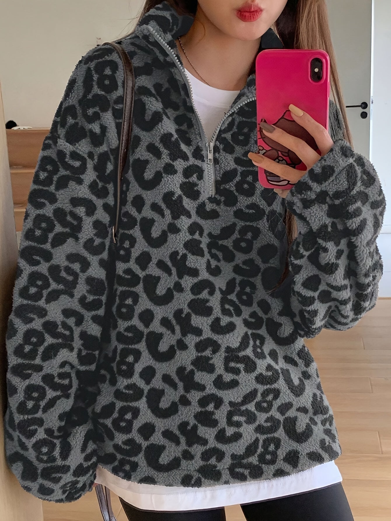 Women's Elegant Leopard Print Plush Hoodie - Cozy Fleece-Lined Winter Sweatshirt with Zipper Front, Machine Washable, Black & Brown Spots on White for Casual Outings, Cute Hoodies