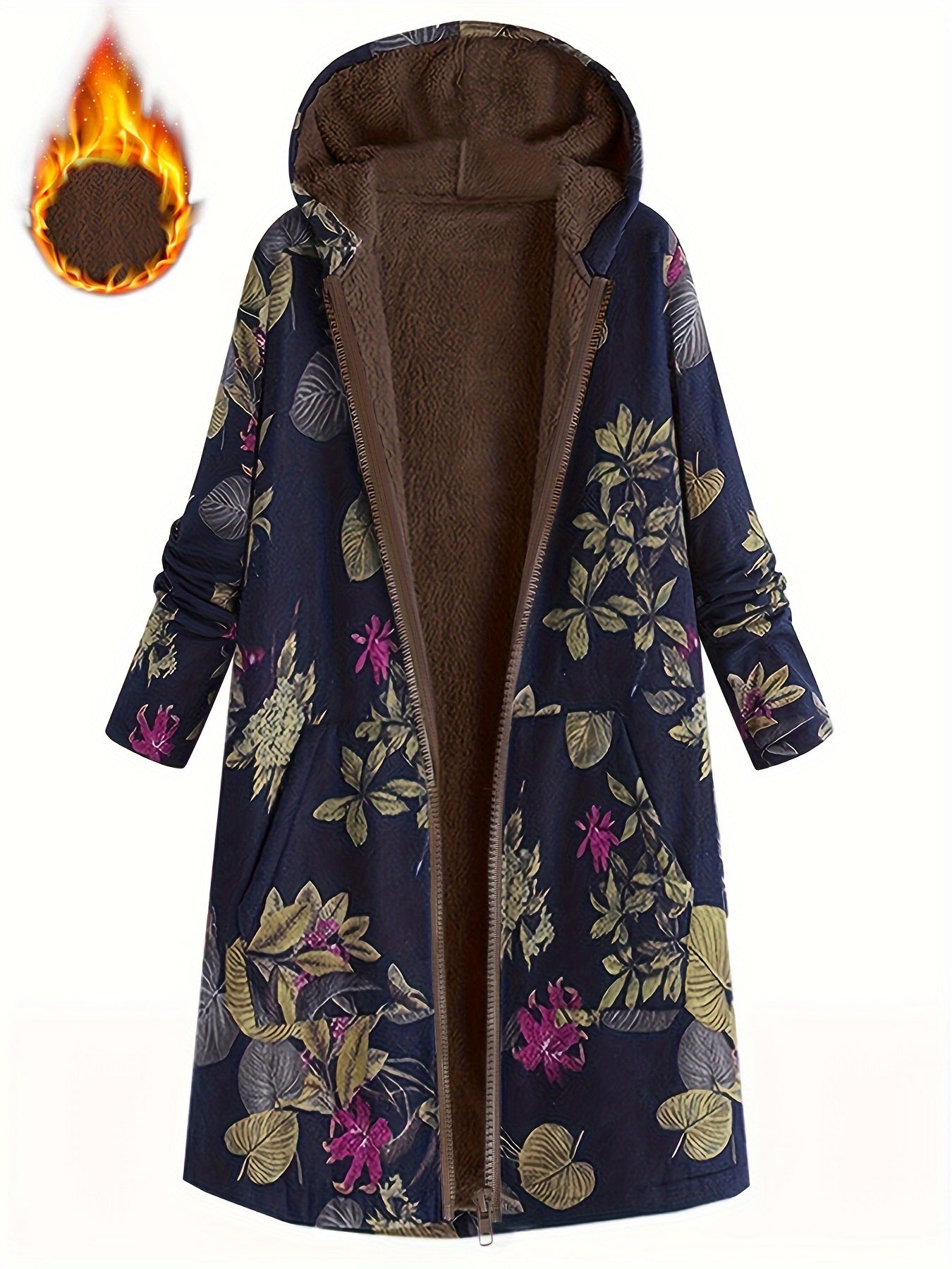 Elegant Women's Floral Print Hooded Jacket - Vintage-Inspired, Long Sleeve, Zip-Up Outerwear with Pockets, 100% Polyester, Machine Washable - Chic Brown & White Design for Fall & Winter