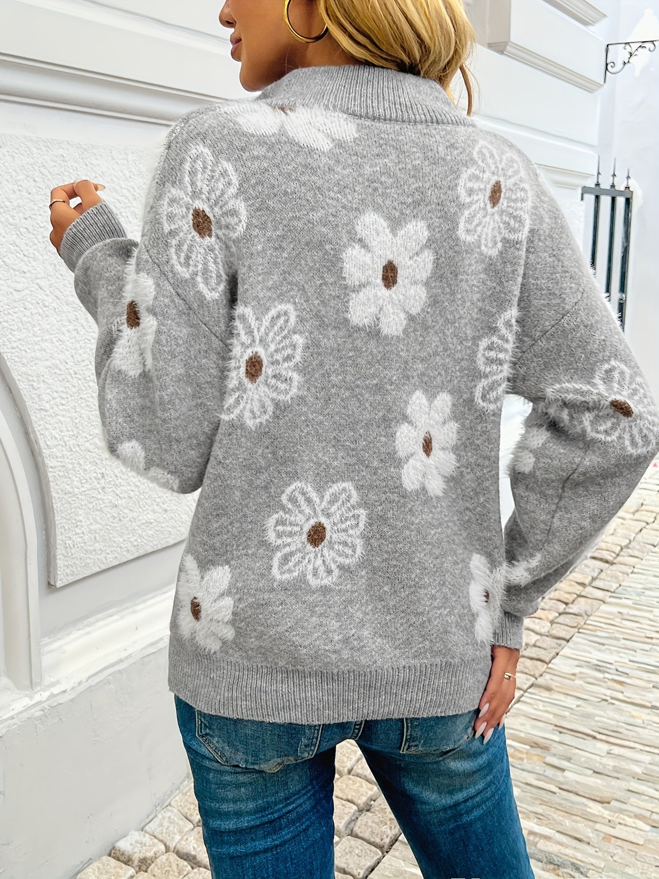 European And American Style Half-zip Sweater With Floral Pattern And Dropped Shoulders