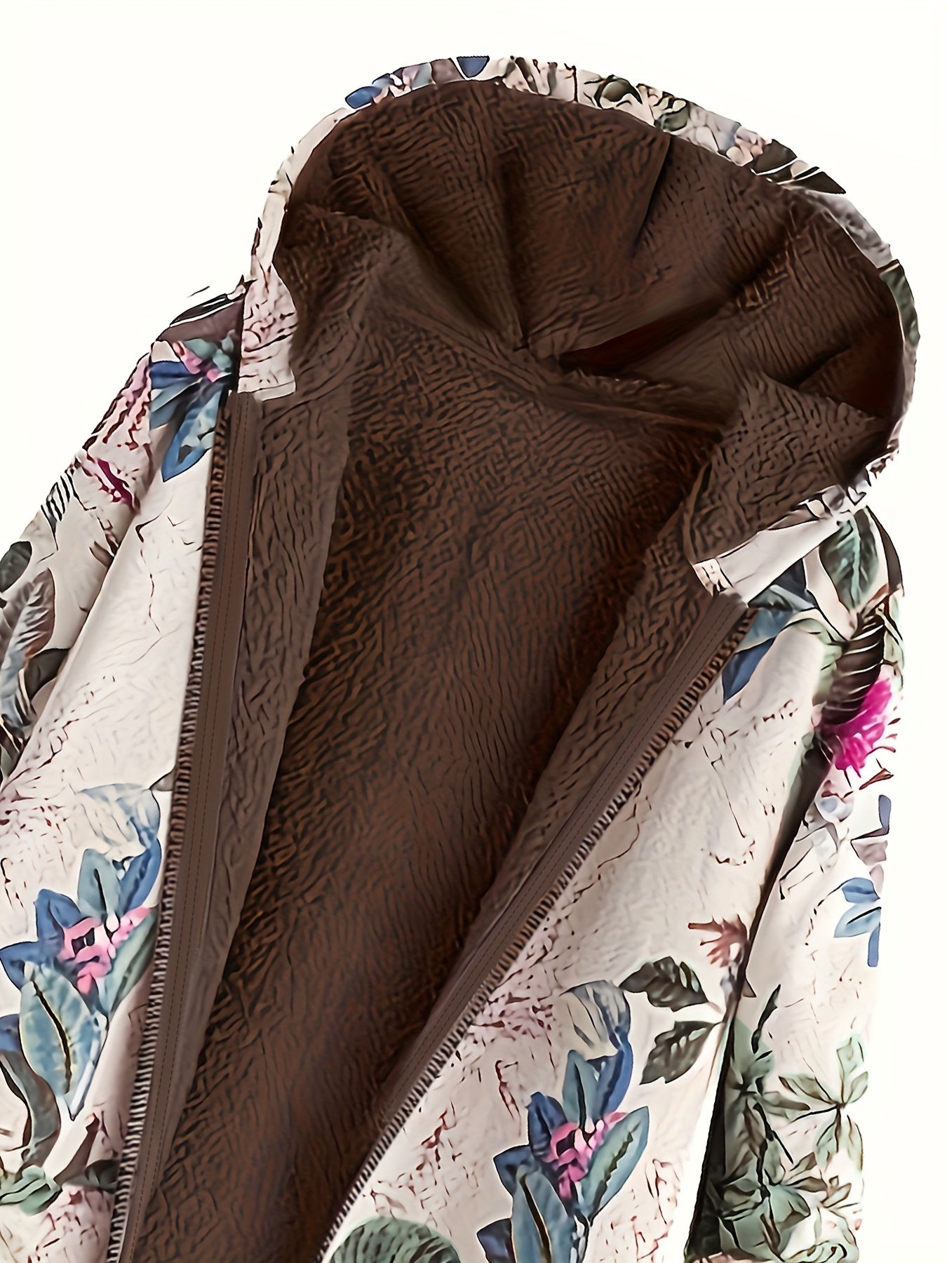Elegant Women's Floral Print Hooded Jacket - Vintage-Inspired, Long Sleeve, Zip-Up Outerwear with Pockets, 100% Polyester, Machine Washable - Chic Brown & White Design for Fall & Winter