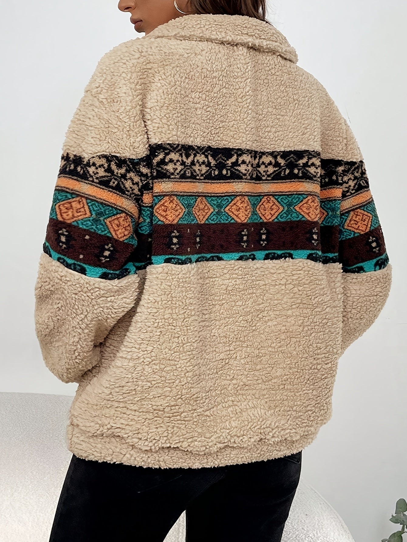 Women's Dual-Sided Fleece-Lined Color Block Sweater - Cozy Zipper Front Pullover with Geometric Pattern, Machine Washable Casual Winter Top for Fall & Winter, Durable Knitwear