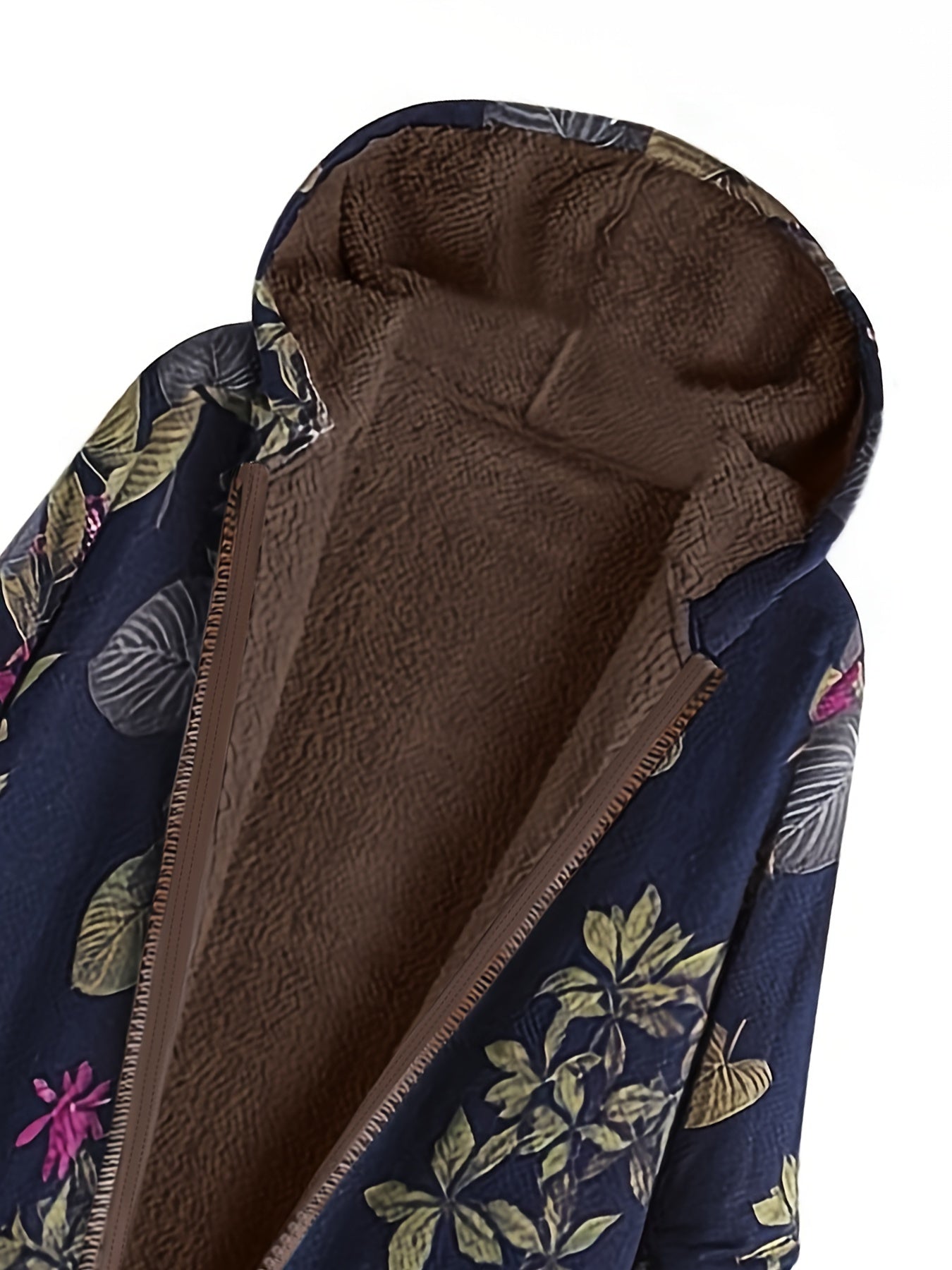 Elegant Women's Floral Print Hooded Jacket - Vintage-Inspired, Long Sleeve, Zip-Up Outerwear with Pockets, 100% Polyester, Machine Washable - Chic Brown & White Design for Fall & Winter