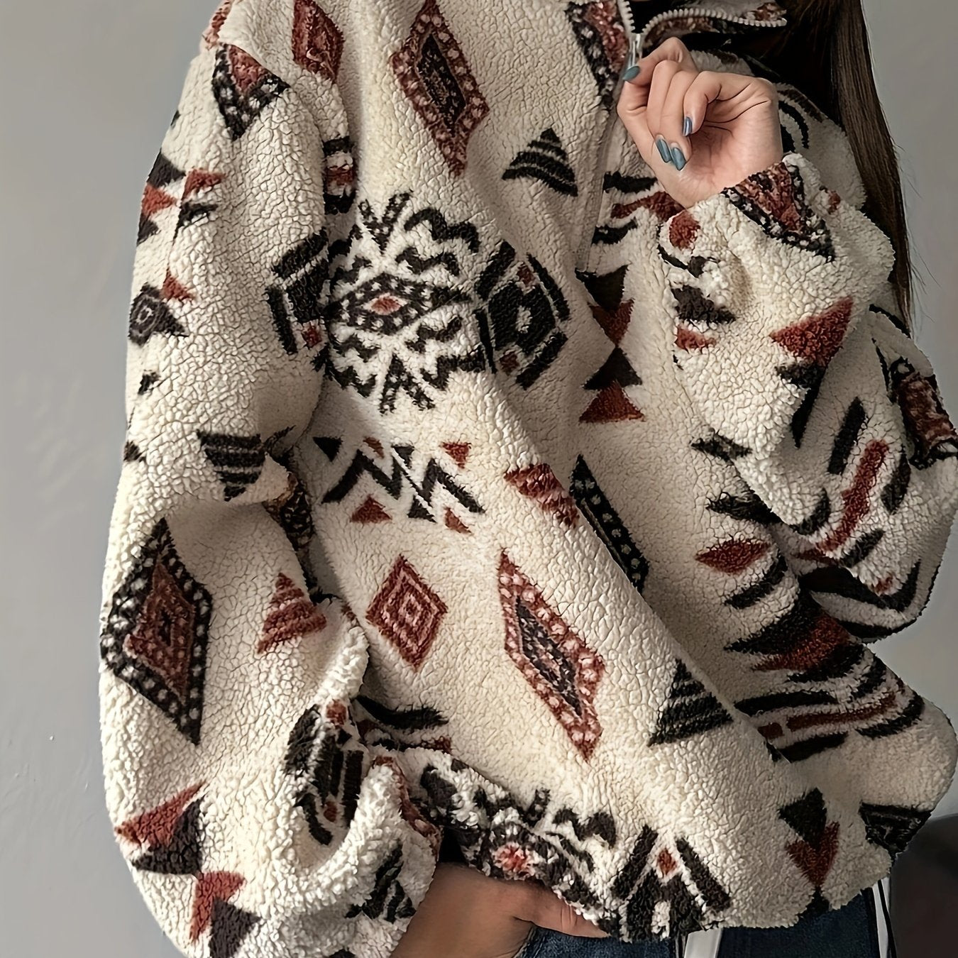 Aztec Pattern Half Zipper Teddy Sweatshirt, Casual Long Sleeve Fuzzy Warm Pullover Sweatshirt For Fall & Winter, Women's Clothing
