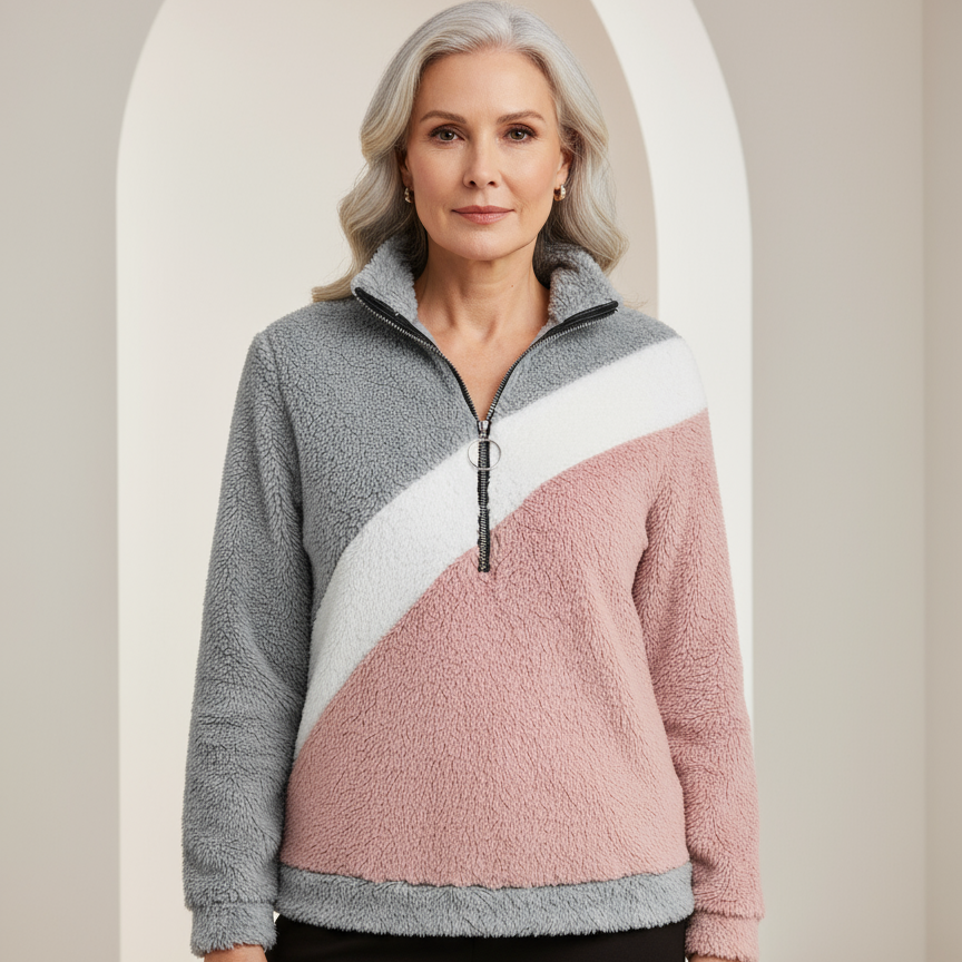 Women's Winter Sweater - Pastel pink & white color block, Zip-Up Hoodie with Collar, Stretchy Arctic Fabric (Machine Washable) for Cold Weather - Casual Outerwear Lounge Top
