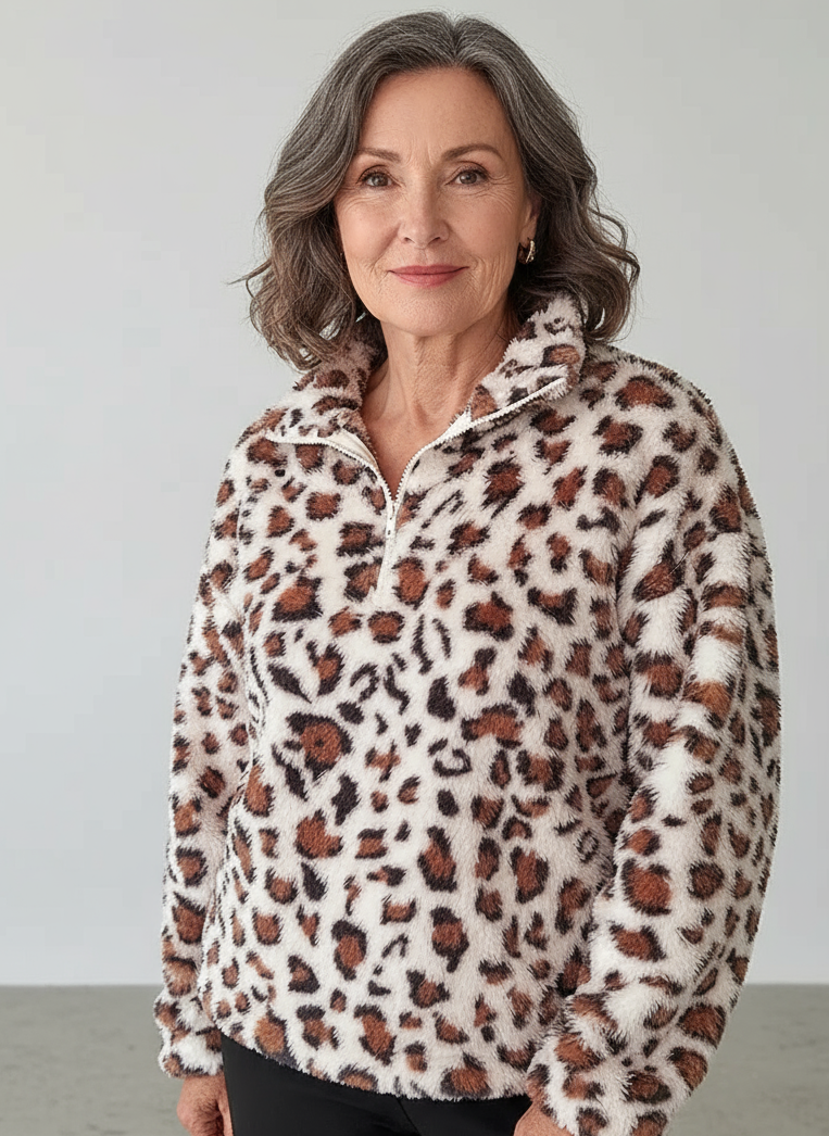 Women's Elegant Leopard Print Plush Hoodie - Cozy Fleece-Lined Winter Sweatshirt with Zipper Front, Machine Washable, Black & Brown Spots on White for Casual Outings, Cute Hoodies