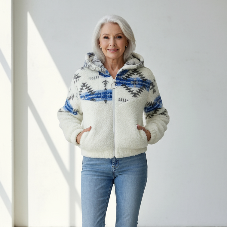 Women's Reversible Fleece Jacket with Blue Stripes & Geometric Pattern, Plush Warm Winter Coat, Front Pockets, Machine Washable Casual Outerwear for Fall and Winter