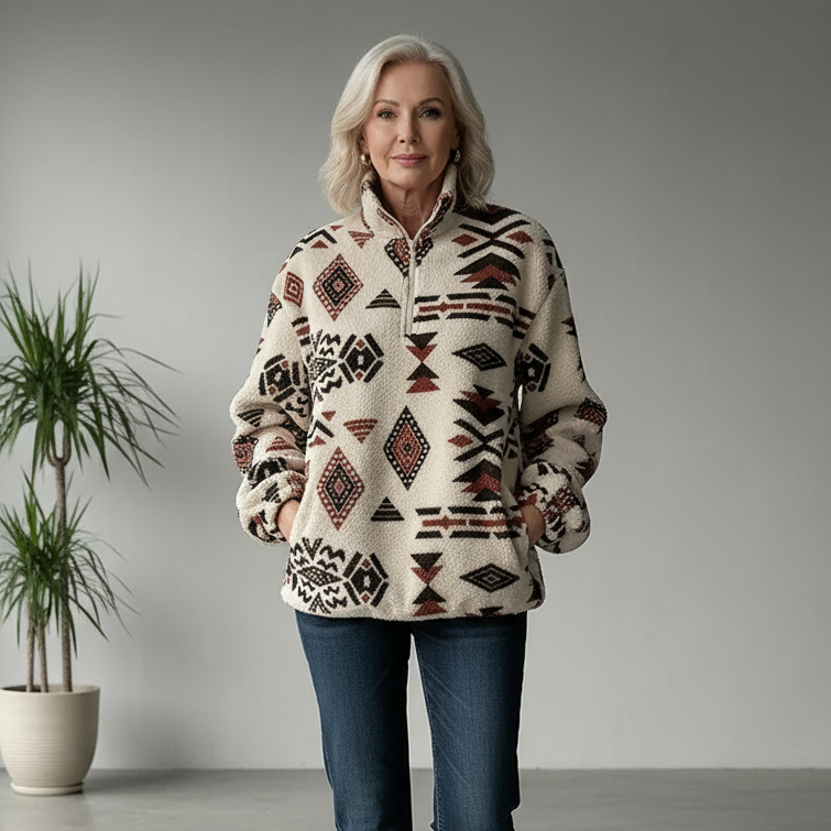 Aztec Pattern Half Zipper Teddy Sweatshirt, Casual Long Sleeve Fuzzy Warm Pullover Sweatshirt For Fall & Winter, Women's Clothing