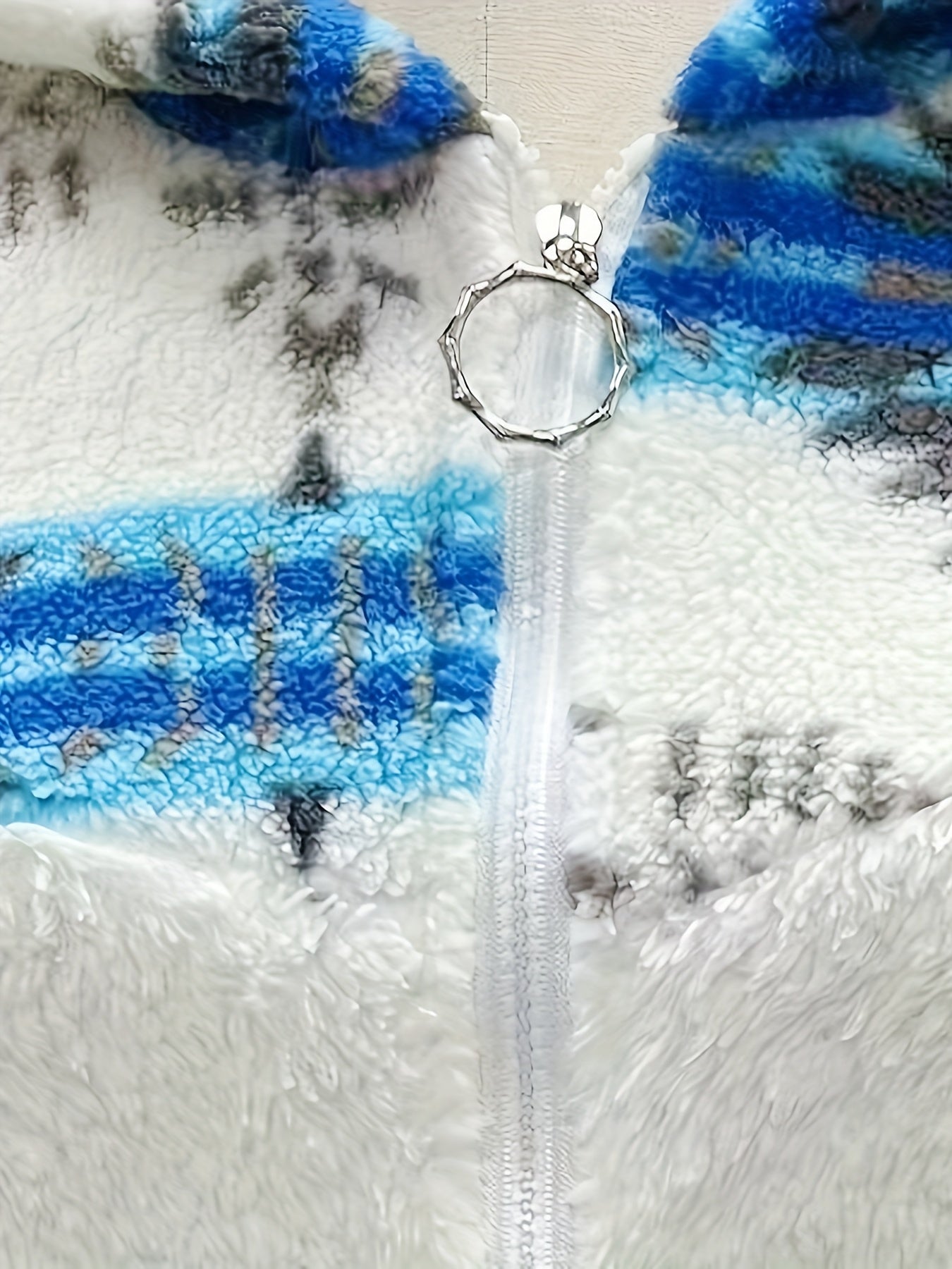 Women's Reversible Fleece Jacket with Blue Stripes & Geometric Pattern, Plush Warm Winter Coat, Front Pockets, Machine Washable Casual Outerwear for Fall and Winter