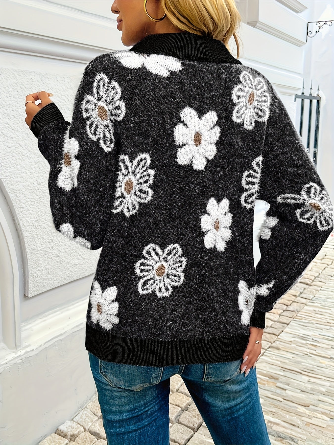 European And American Style Half-zip Sweater With Floral Pattern And Dropped Shoulders
