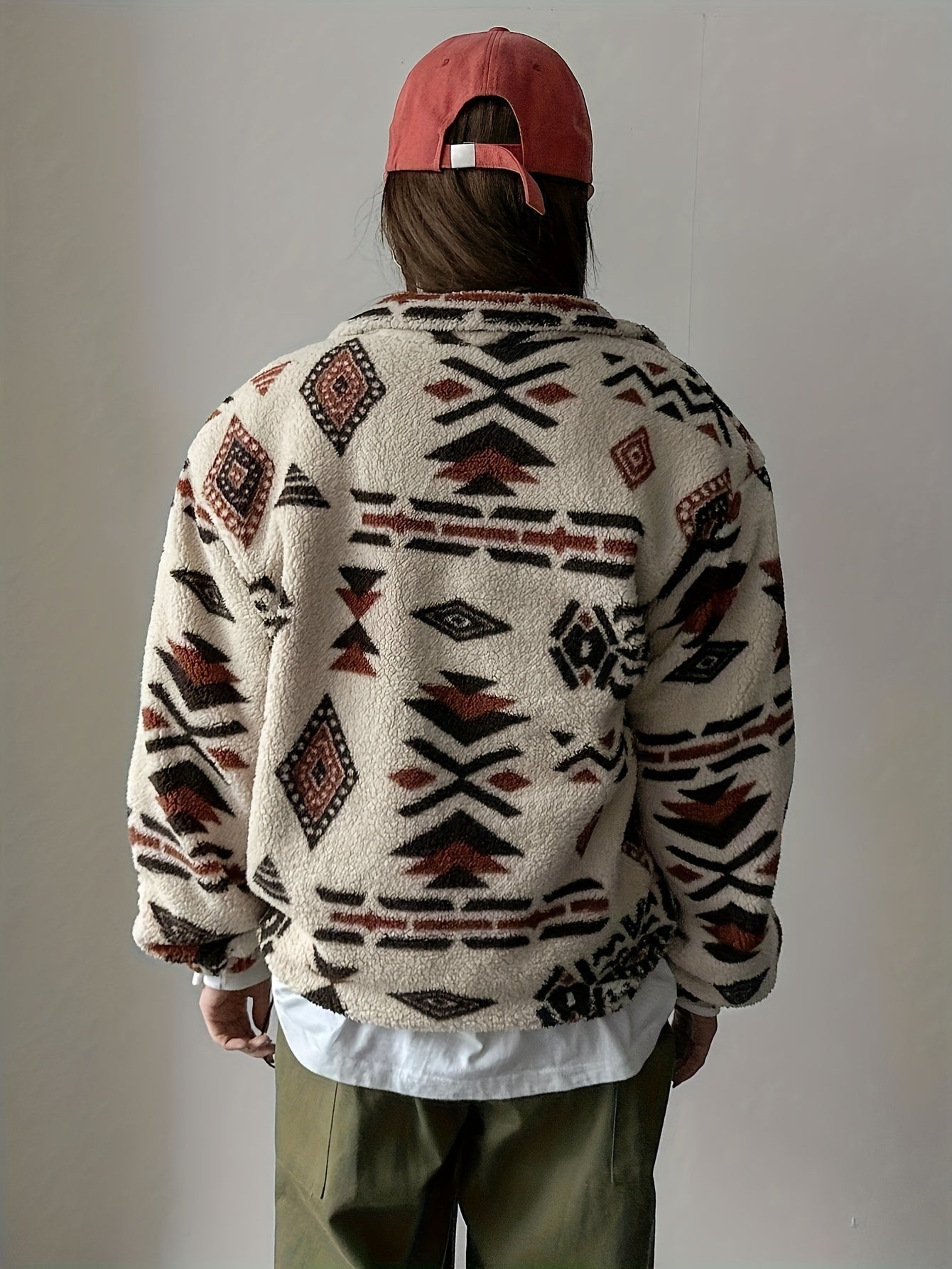 Aztec Pattern Half Zipper Teddy Sweatshirt, Casual Long Sleeve Fuzzy Warm Pullover Sweatshirt For Fall & Winter, Women's Clothing