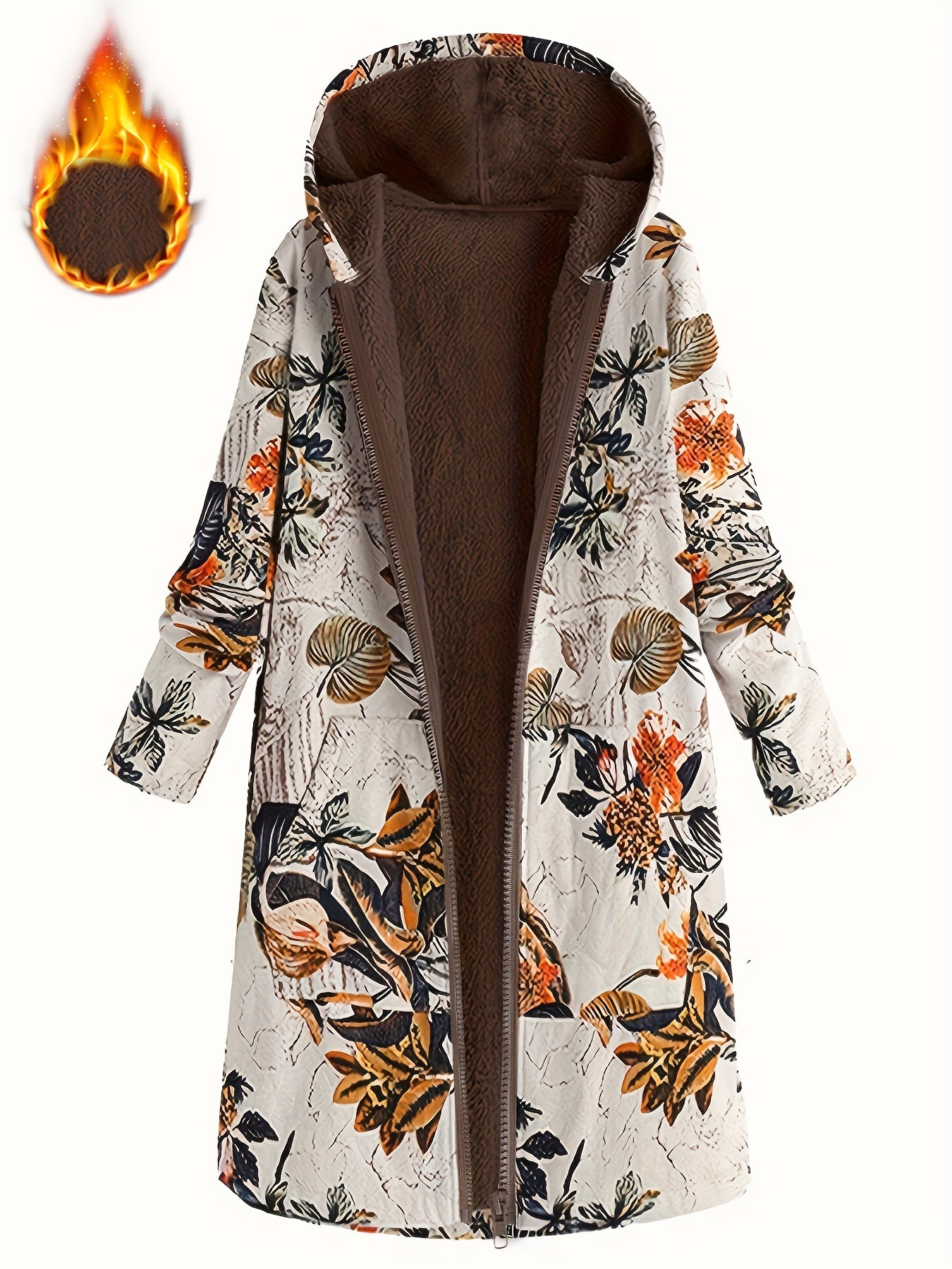 Elegant Women's Floral Print Hooded Jacket - Vintage-Inspired, Long Sleeve, Zip-Up Outerwear with Pockets, 100% Polyester, Machine Washable - Chic Brown & White Design for Fall & Winter