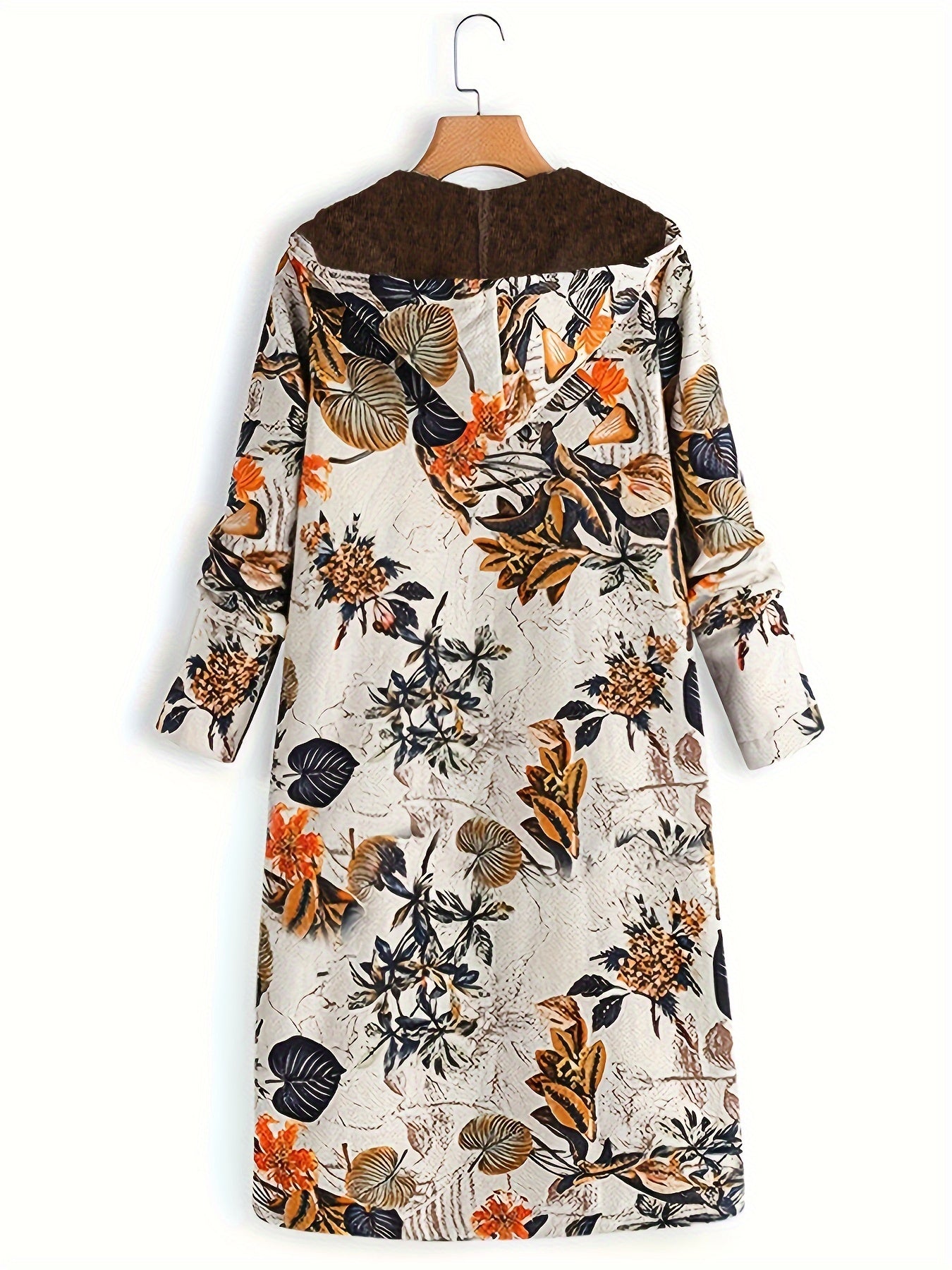 Elegant Women's Floral Print Hooded Jacket - Vintage-Inspired, Long Sleeve, Zip-Up Outerwear with Pockets, 100% Polyester, Machine Washable - Chic Brown & White Design for Fall & Winter