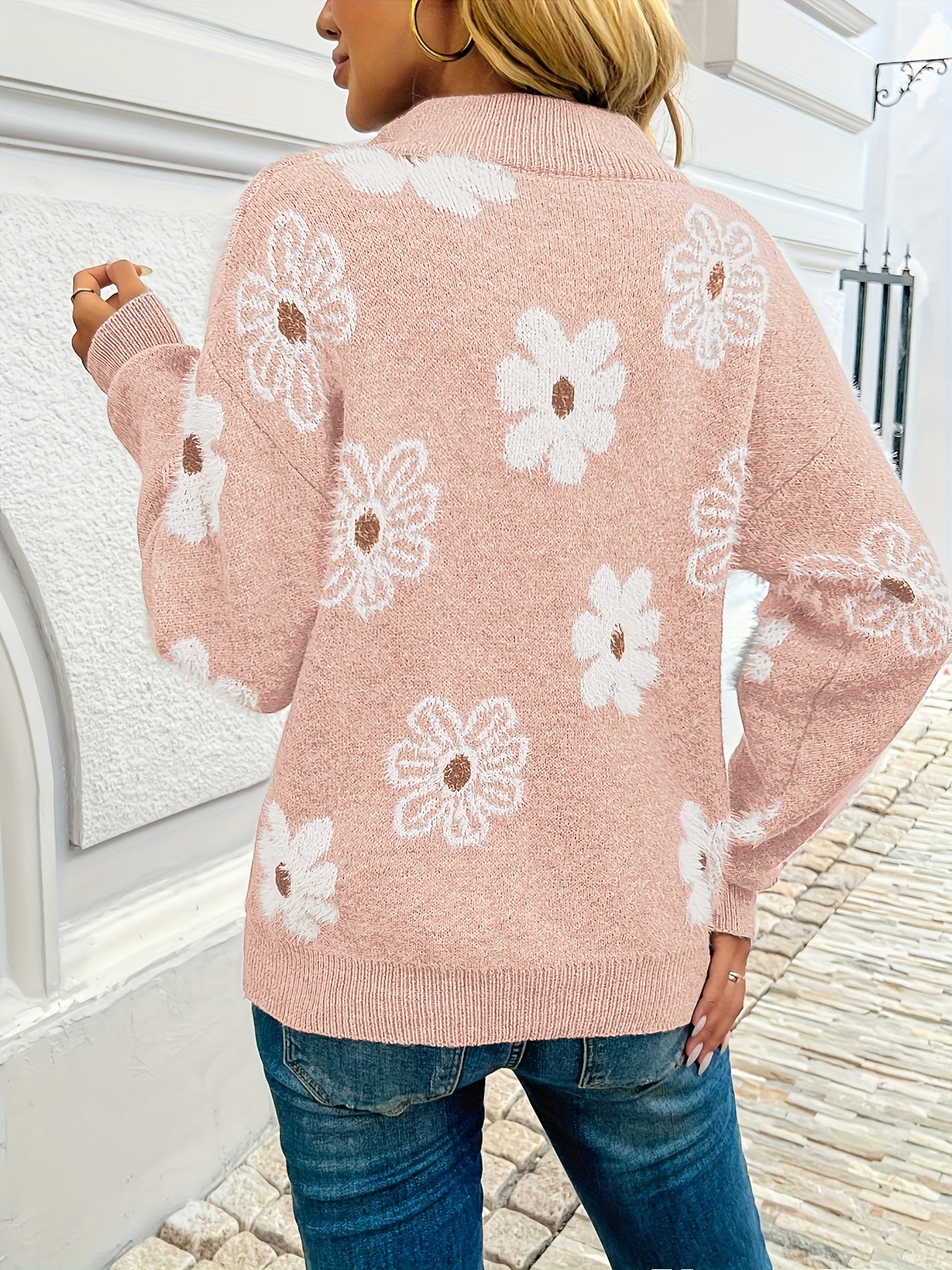 European And American Style Half-zip Sweater With Floral Pattern And Dropped Shoulders