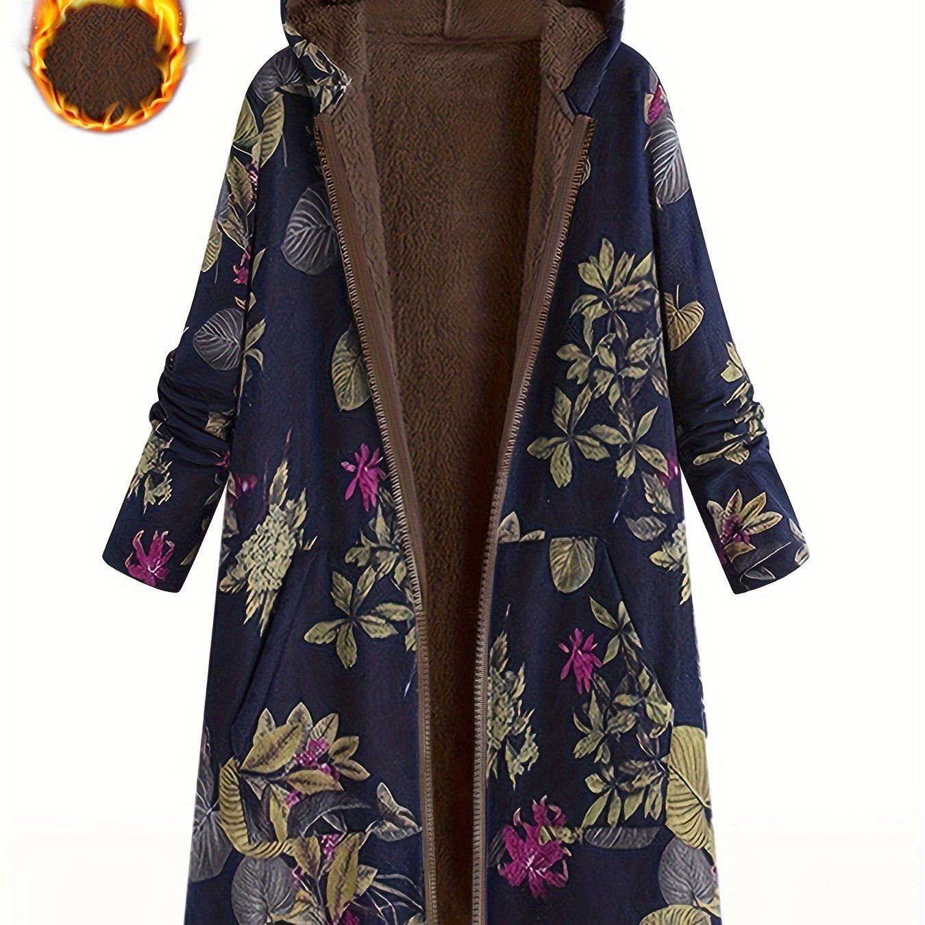 Elegant Women's Floral Print Hooded Jacket - Vintage-Inspired, Long Sleeve, Zip-Up Outerwear with Pockets, 100% Polyester, Machine Washable - Chic Brown & White Design for Fall & Winter