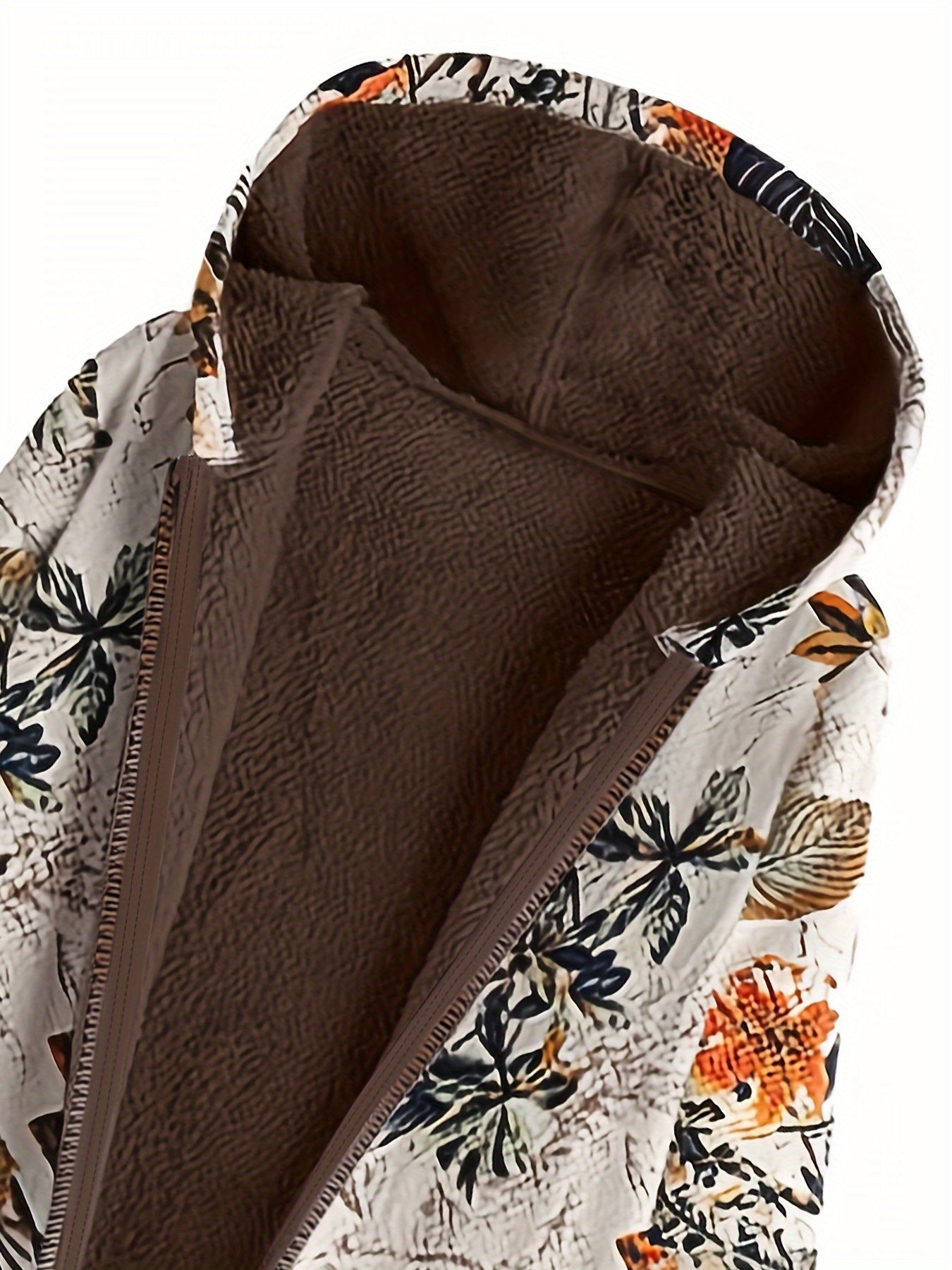 Elegant Women's Floral Print Hooded Jacket - Vintage-Inspired, Long Sleeve, Zip-Up Outerwear with Pockets, 100% Polyester, Machine Washable - Chic Brown & White Design for Fall & Winter