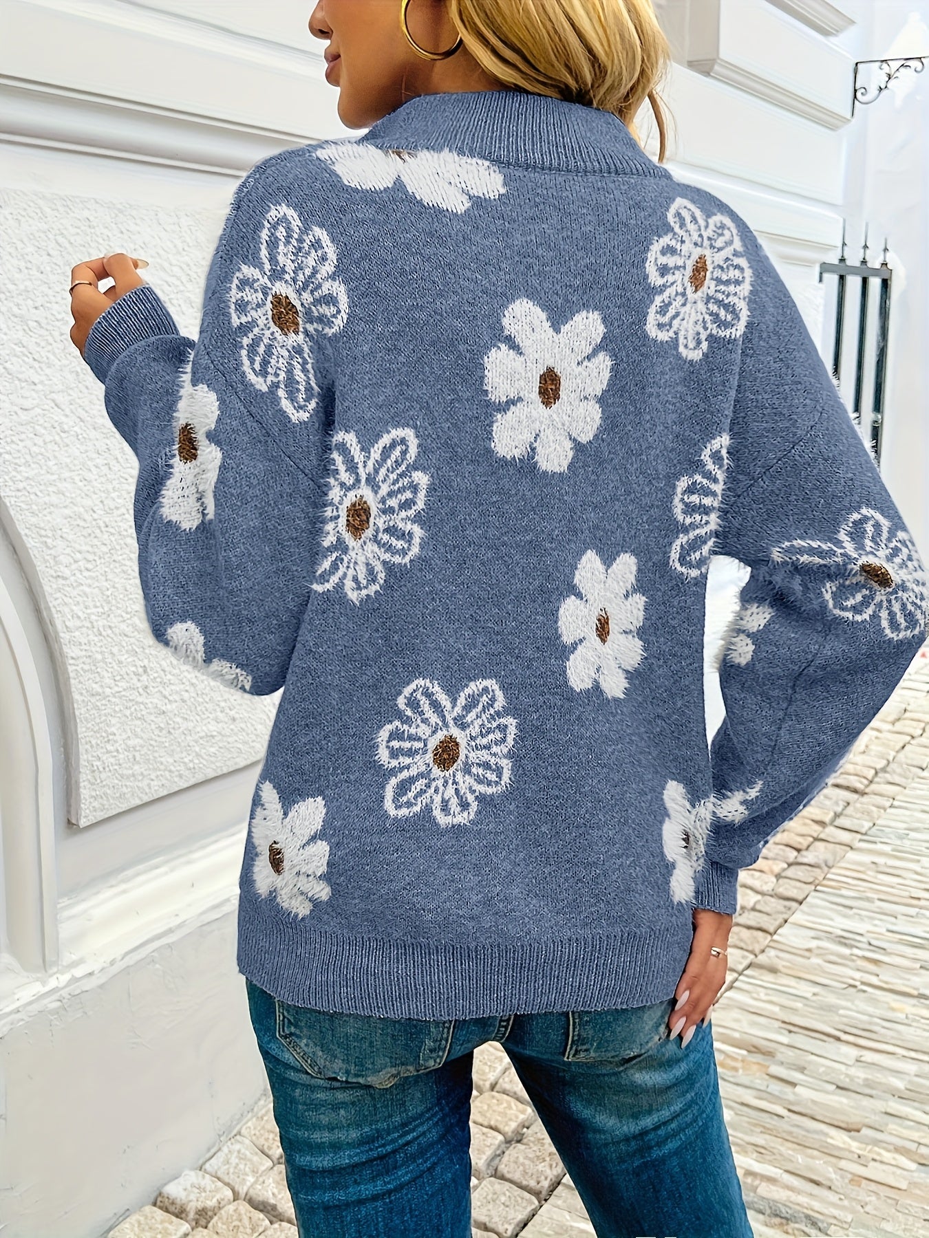 European And American Style Half-zip Sweater With Floral Pattern And Dropped Shoulders