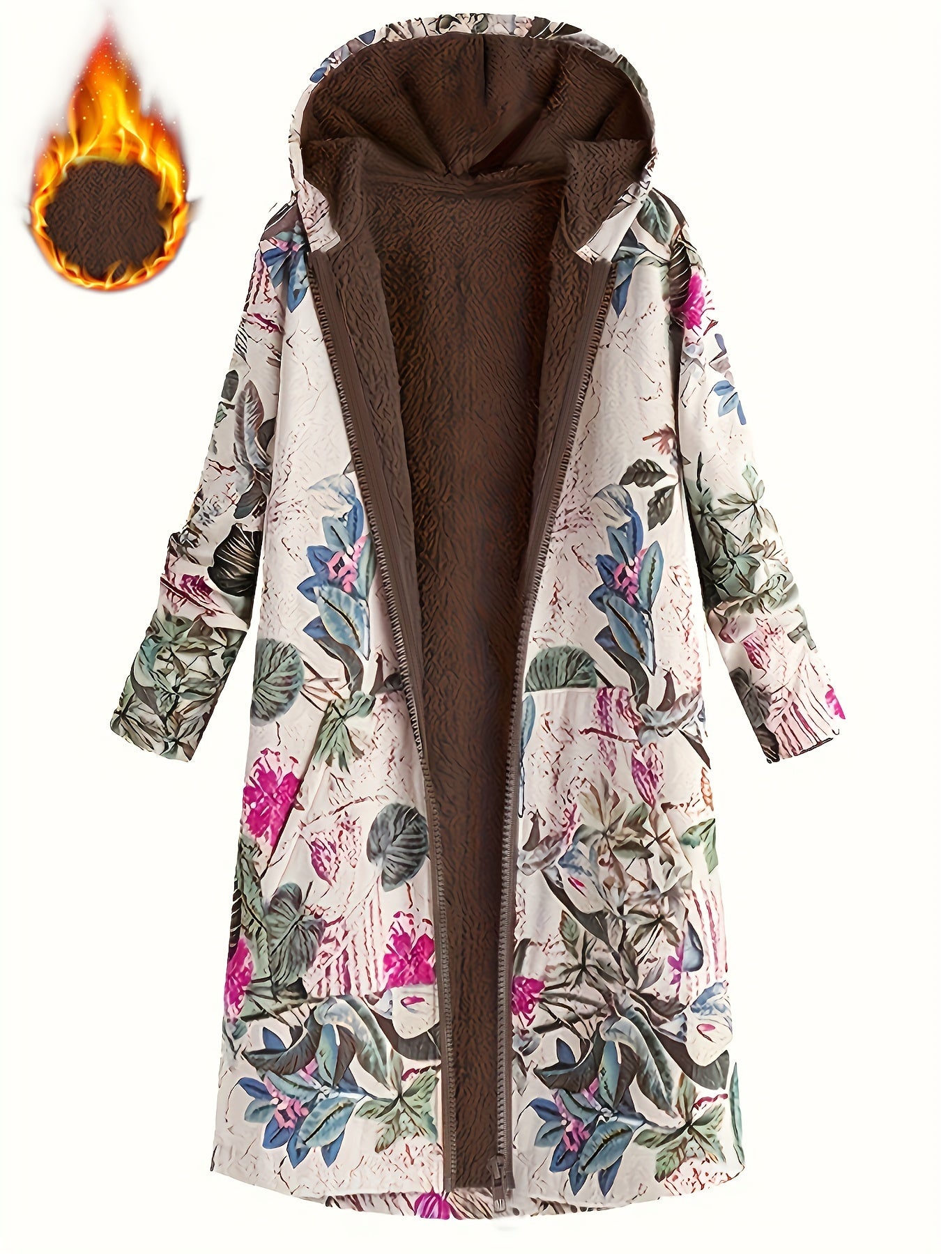 Elegant Women's Floral Print Hooded Jacket - Vintage-Inspired, Long Sleeve, Zip-Up Outerwear with Pockets, 100% Polyester, Machine Washable - Chic Brown & White Design for Fall & Winter