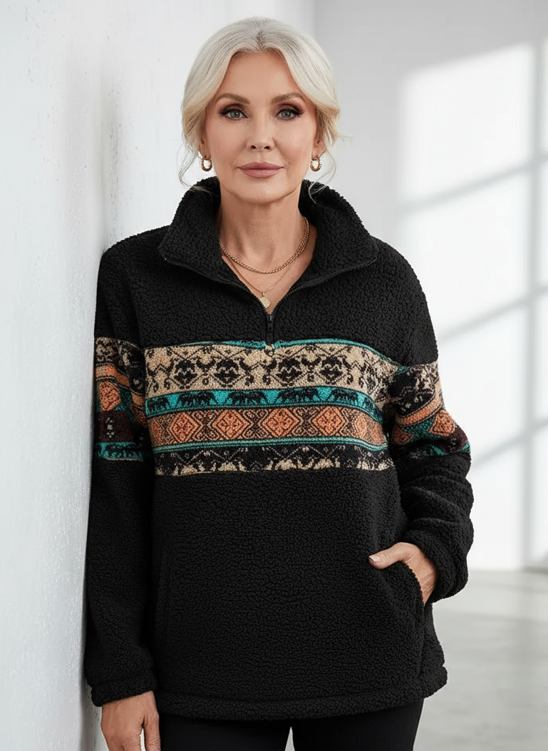 Women's Dual-Sided Fleece-Lined Color Block Sweater - Cozy Zipper Front Pullover with Geometric Pattern, Machine Washable Casual Winter Top for Fall & Winter, Durable Knitwear