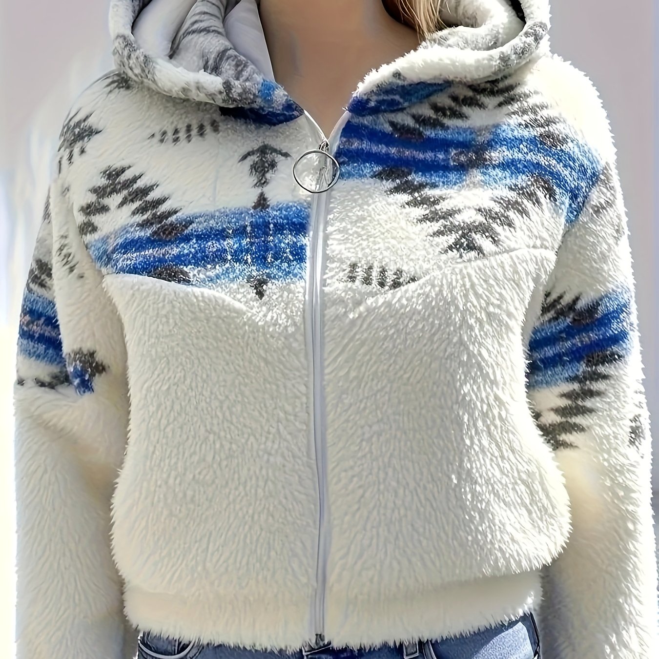 Women's Reversible Fleece Jacket with Blue Stripes & Geometric Pattern, Plush Warm Winter Coat, Front Pockets, Machine Washable Casual Outerwear for Fall and Winter